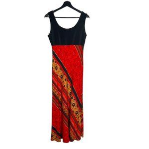 Vintage 90s Black Red Print Fit Flare Full Length Dress Medium
